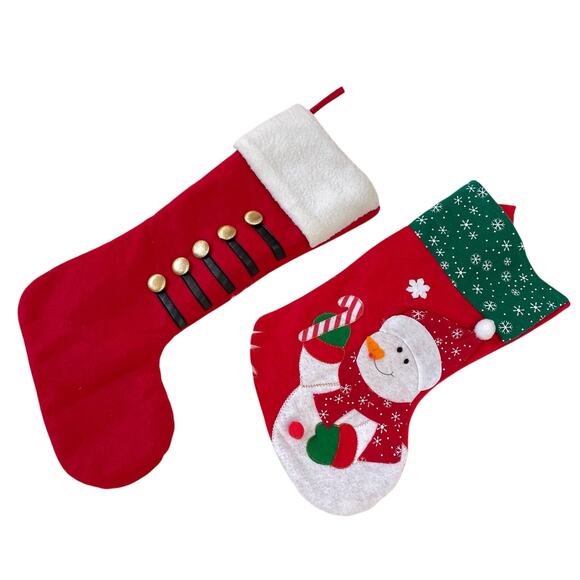 Vintage Christmas Stocking Lot of 2 Red Felt Snowman & Boot Holiday Decor - Picture 1 of 6